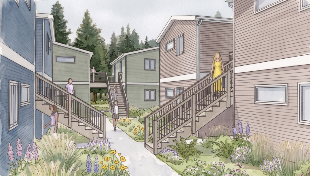 Architectural rendering of Veterans Village, planned apartments for veterans