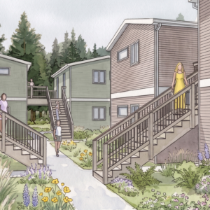 Architectural rendering of the planned Veterans Village apartment community