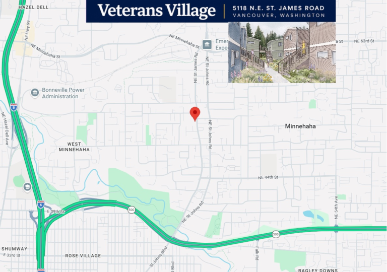 Map showing the Veterans Village project location in Vancouver, Washington